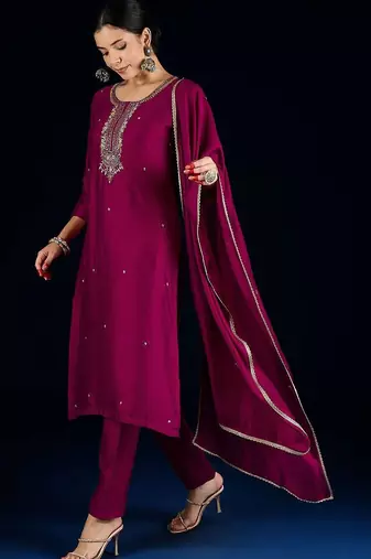Women embroidered regular beads and stones kurta with trousers & dupatta