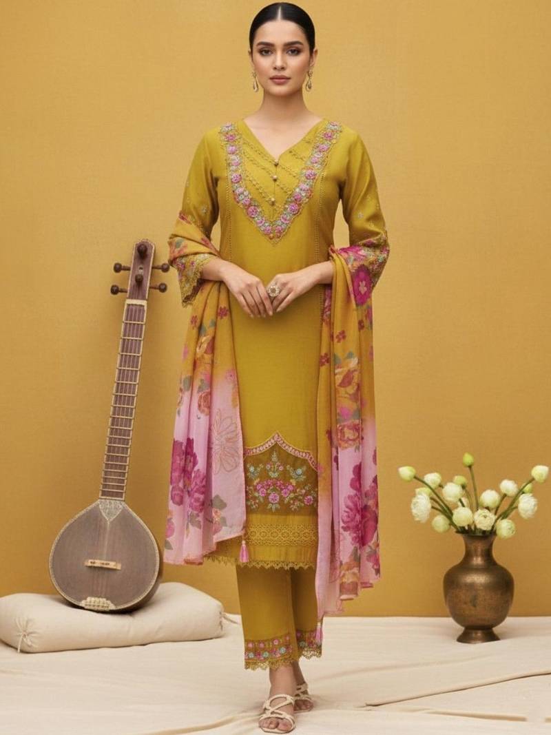 Women floral embroidered regular thread work pure cotton kurta with trousers & with dupatta