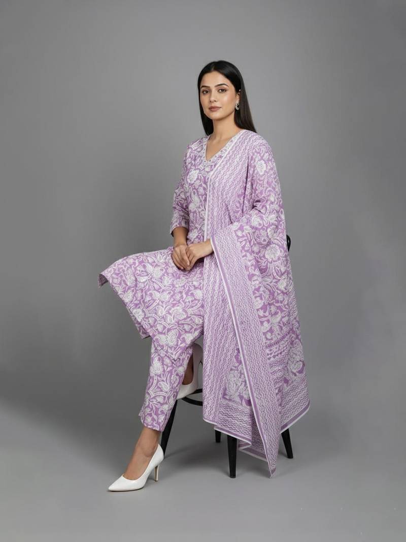 Women floral printed regular pure cotton kurta with trousers & with dupatta