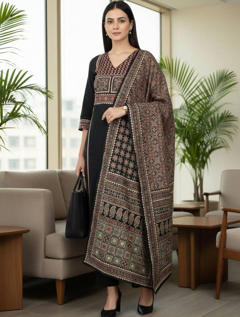 Women ethnic motifs printed regular kurta with trousers & with dupatta