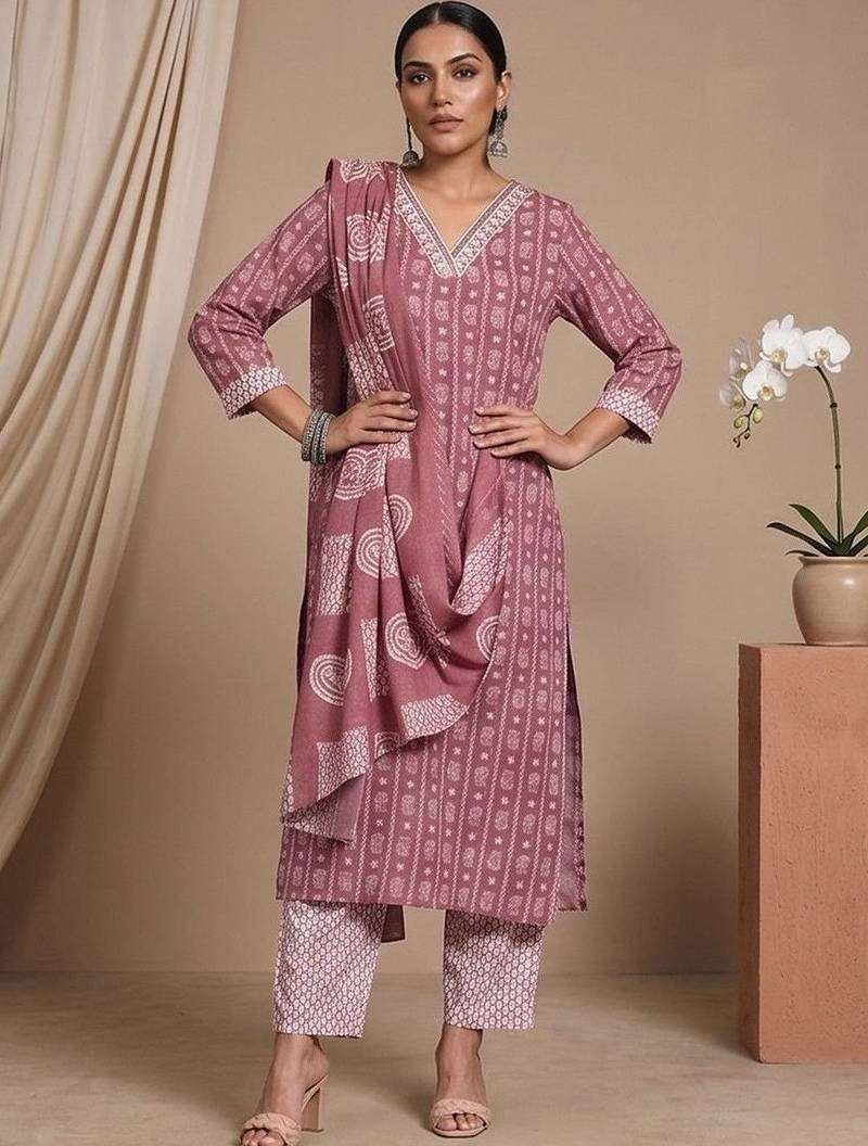 Women ethnic motifs printed regular kurta with trousers & with dupatta