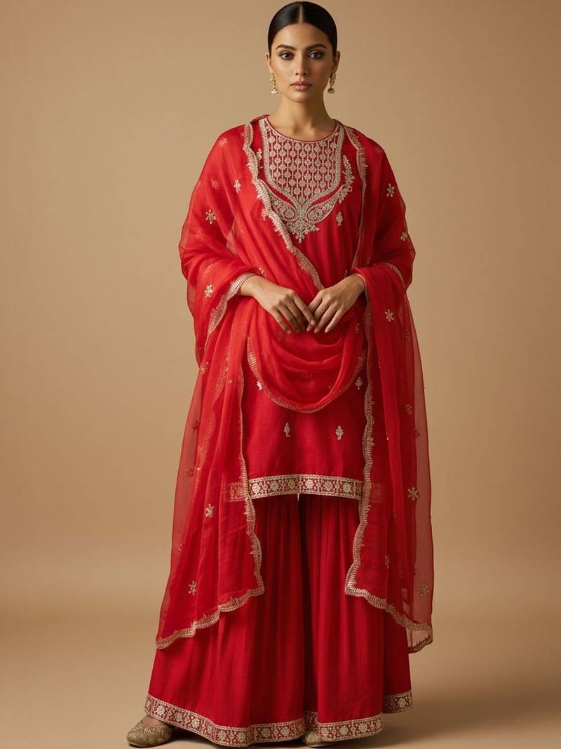 Women ethnic motifs embroidered regular kurta with sharara & with dupatta