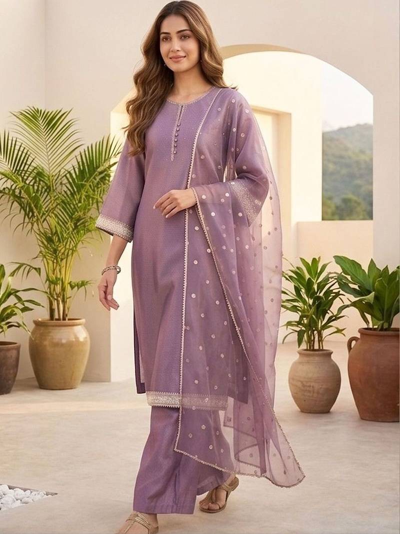 Women ethnic motifs regular thread work kurta with palazzos & with dupatta