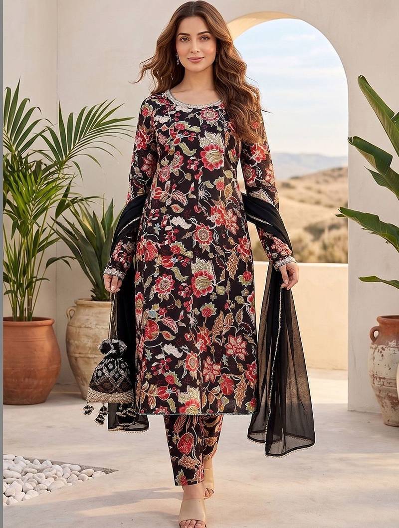 Women floral printed regular thread work pure cotton kurta with trousers & with dupatta
