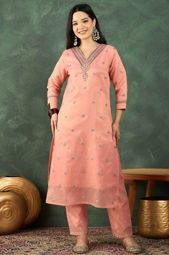Floral embroidered thread work kurta with trousers & dupatta
