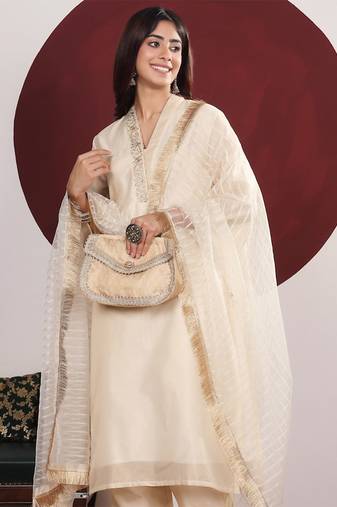 Embroidered straight kurta with trousers & with dupatta