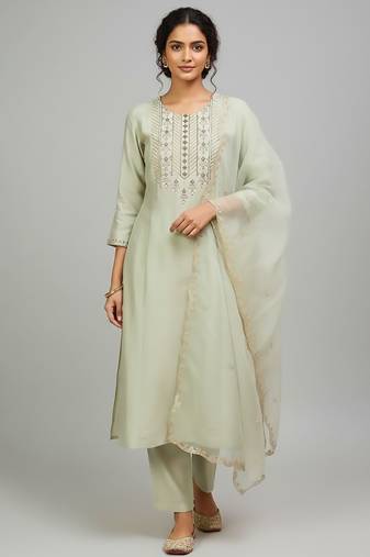 Women ethnic motifs embroidered regular thread work kurta with trousers & with dupatta