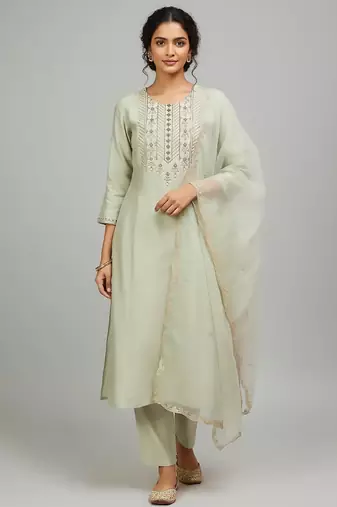 Women ethnic motifs embroidered regular thread work kurta with trousers & with dupatta