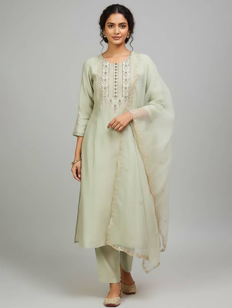 Women ethnic motifs embroidered regular thread work kurta with trousers & with dupatta