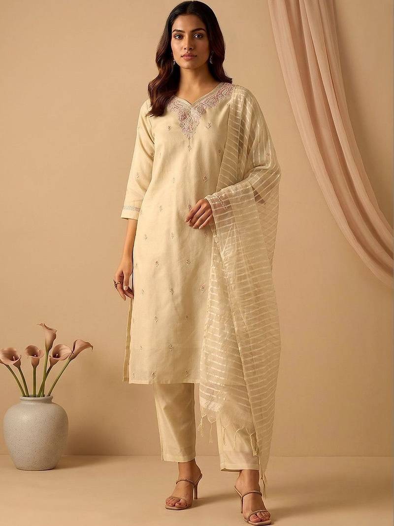 Women ethnic motifs embroidered regular thread work kurta with trousers & with dupatta
