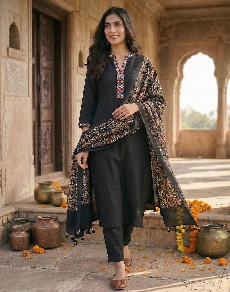 Women ethnic motifs regular phulkari pure cotton kurta with trousers & with dupatta