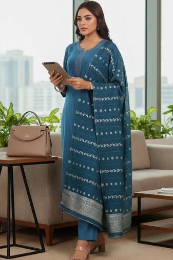 Women ethnic motifs thread work kurta with trousers & with dupatta