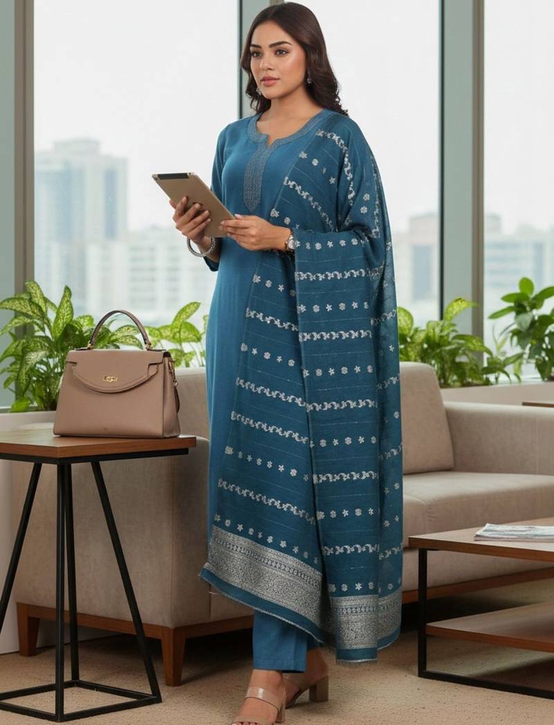 Women ethnic motifs regular thread work kurta with trousers & with dupatta