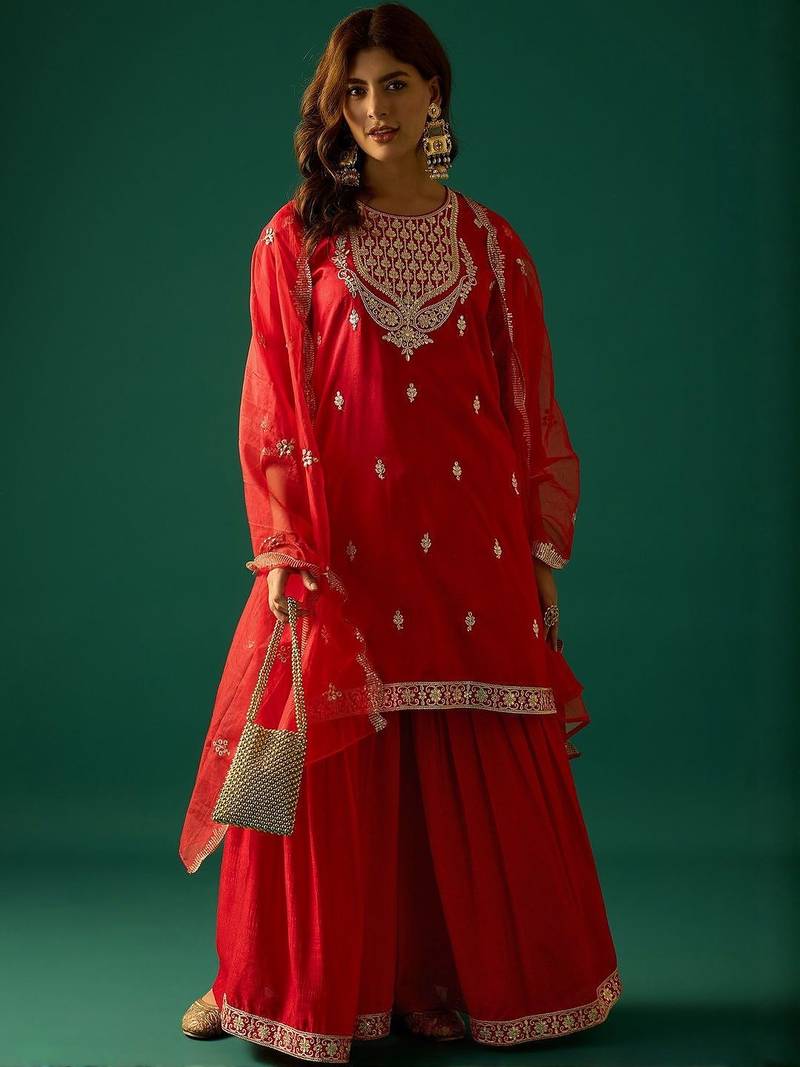 Ethnic motifs embroidered zari kurta with sharara & dupatta