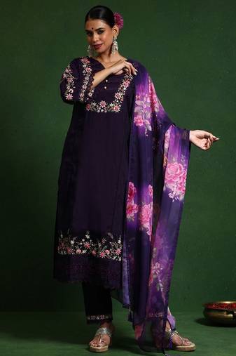 Women floral embroidered regular thread work pure cotton kurta with trousers & with dupatta