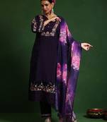 Women floral embroidered regular thread work pure cotton kurta with trousers & with dupatta
