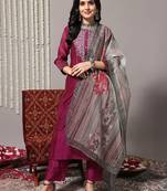 Floral embroidered chanderi silk kurta with trousers & dupatta