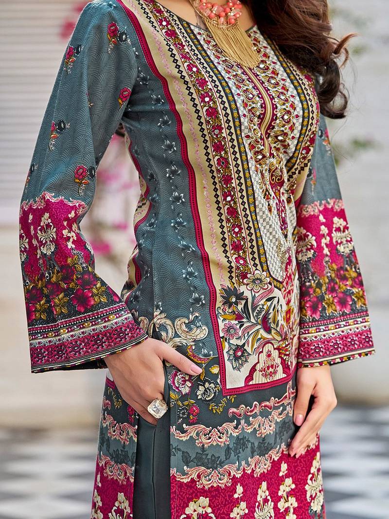 Women printed regular beads and stones kurta with trousers & with dupatta