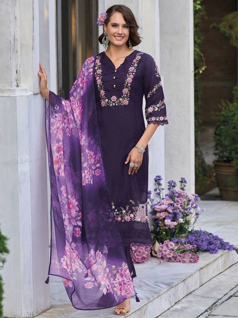 Floral embroidered thread work pure cotton straight kurta with trousers & dupatta