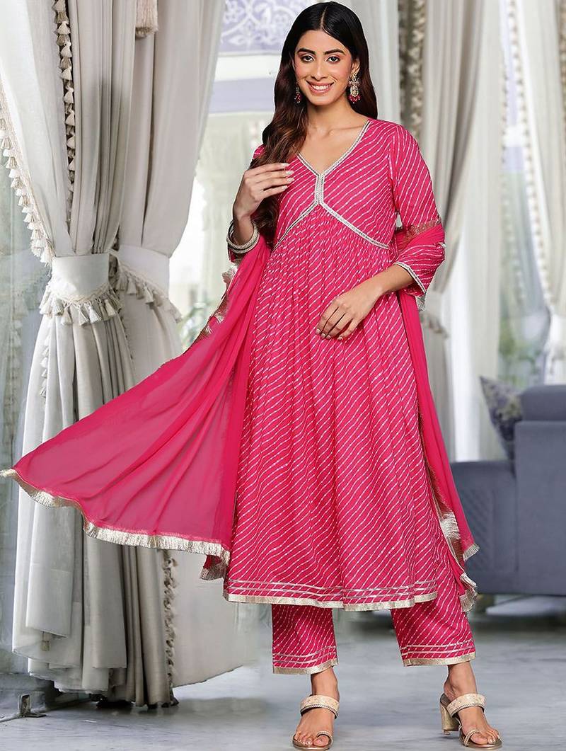 Women leheriya printed pleated gotta patti pure cotton kurta with trousers & with dupatta
