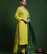 Floral embroidered notch neck straight kurta with trousers and dupatta