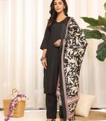 Black v-neck three-quarter sleeves straight kurta with trousers & dupatta