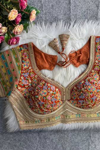 Rust sabyasachi inspired kashmiri work blouse