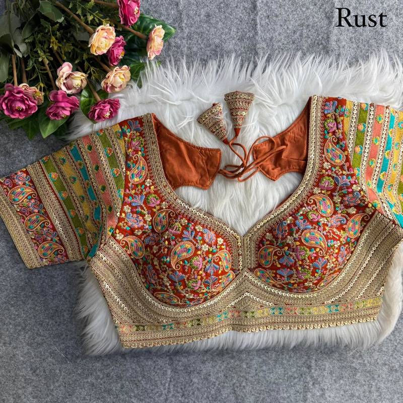 Rust sabyasachi inspired kashmiri work blouse