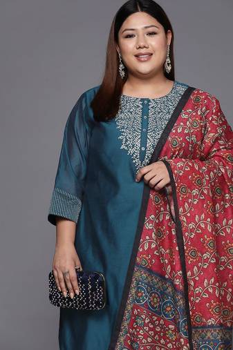 Women plus size teal blue yoke design chanderi silk kurta with trousers & dupatta