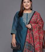Women plus size teal blue yoke design chanderi silk kurta with trousers & dupatta