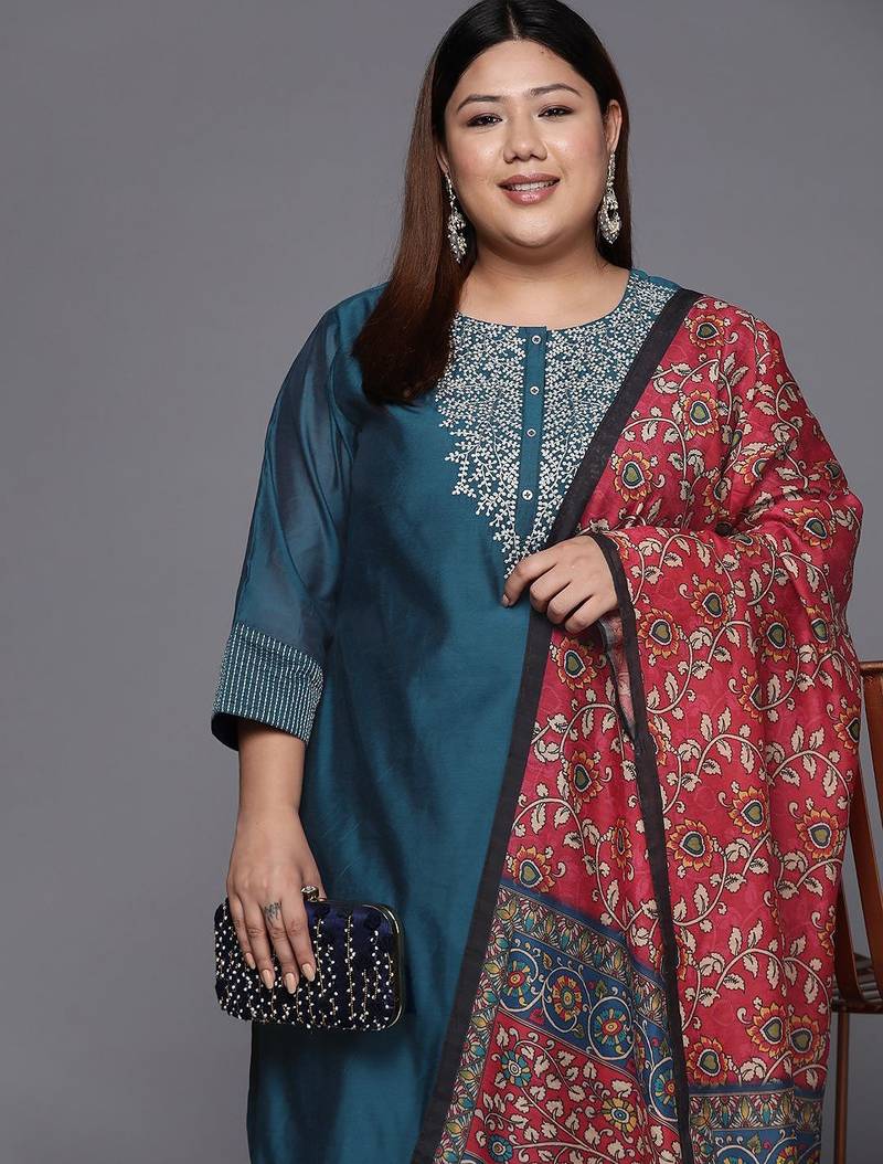 Women plus size teal blue yoke design chanderi silk kurta with trousers & dupatta