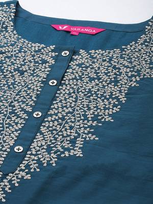 Women plus size teal blue yoke design chanderi silk kurta with trousers & dupatta 2