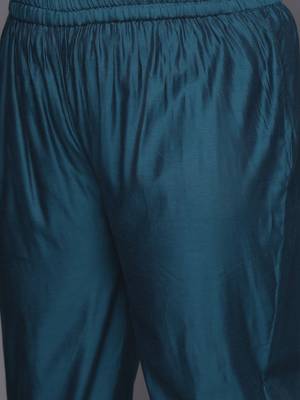 Women plus size teal blue yoke design chanderi silk kurta with trousers & dupatta 3