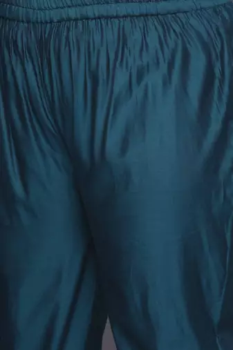 Women plus size teal blue yoke design chanderi silk kurta with trousers & dupatta