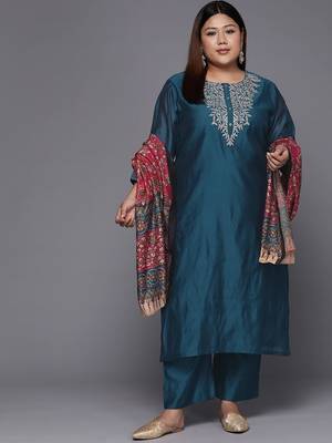 Women plus size teal blue yoke design chanderi silk kurta with trousers & dupatta 5