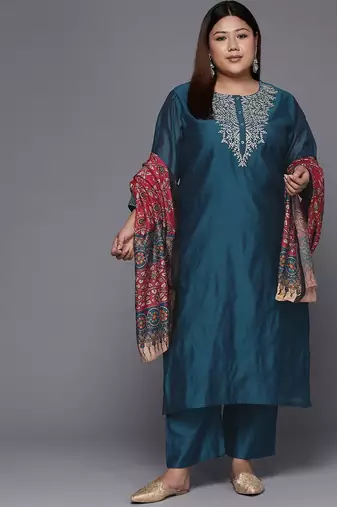 Women plus size teal blue yoke design chanderi silk kurta with trousers & dupatta