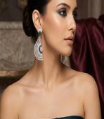 Art Deco Fan Statement Earrings, Emerald Green Sapphire Blue Accents, Silver Tone Bridal Jewelry