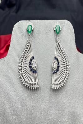 Art Deco Fan Statement Earrings, Emerald Green Sapphire Blue Accents, Silver Tone Bridal Jewelry 2