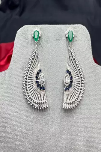 Art Deco Fan Statement Earrings, Emerald Green Sapphire Blue Accents, Silver Tone Bridal Jewelry