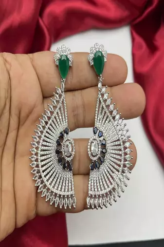 Art Deco Fan Statement Earrings, Emerald Green Sapphire Blue Accents, Silver Tone Bridal Jewelry