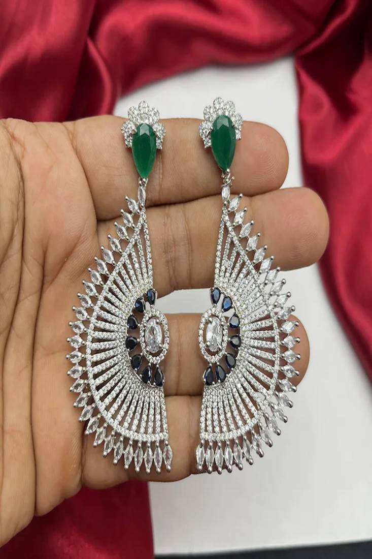 Art Deco Fan Statement Earrings, Emerald Green Sapphire Blue Accents, Silver Tone Bridal Jewelry