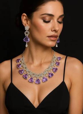 Amethyst CZ Bridal Jewelry Set: Silver Wedding Necklace & Earrings 1