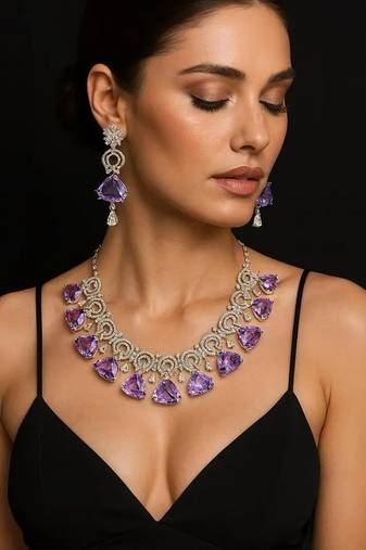Amethyst CZ Bridal Jewelry Set: Silver Wedding Necklace & Earrings