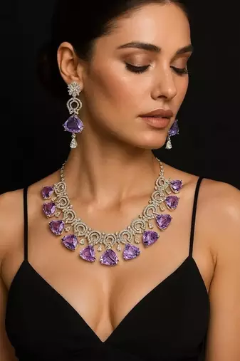 Amethyst CZ Bridal Jewelry Set: Silver Wedding Necklace & Earrings