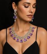 Amethyst CZ Bridal Jewelry Set: Silver Wedding Necklace & Earrings