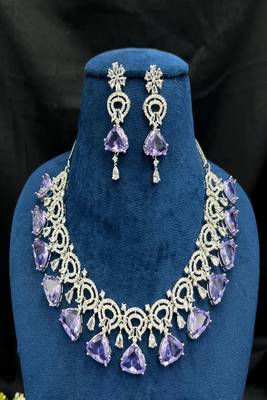 Amethyst CZ Bridal Jewelry Set: Silver Wedding Necklace & Earrings 2