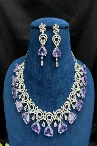 Amethyst CZ Bridal Jewelry Set: Silver Wedding Necklace & Earrings