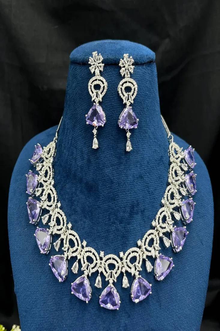 Amethyst CZ Bridal Jewelry Set: Silver Wedding Necklace & Earrings