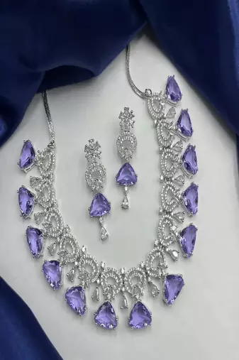 Amethyst CZ Bridal Jewelry Set: Silver Wedding Necklace & Earrings