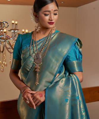 blue woven pure silk blend designer pallu saree with blouse 1